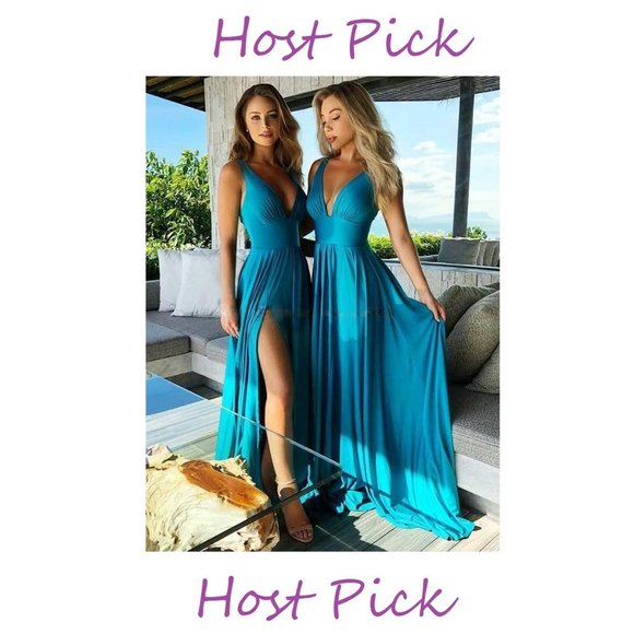 Dresses & Skirts - Bridesmaid Dresses Deep V-Neck High Leg Slit Sleeveless Pleated Dress Blue Satin